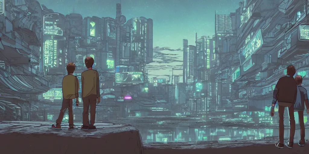 Image similar to highly detailed cell - shaded cartoon landscape with two boys looking at a miniature ufo 1 9 8 0 s science fiction, 1 9 7 0 s science fiction, cyberpunk, moody, misty, depth perception, 4 k, artstation, in the style of studio ghibli