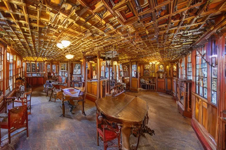 Image similar to full - color photo of the interior of the winchester mystery house. the interior architecture and layout are illogical, surreal, bizarre, complicated, and labyrinthine. there is a faintly - visible victorian ghost lurking and hiding.