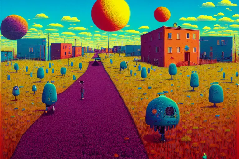 Image similar to surreal glimpse into other universe, texas, summer morning, very coherent and colorful high contrast, art by!!!! gediminas pranckevicius!!!!, geof darrow, floralpunk screen printing woodblock, dark shadows, hard lighting, stipple brush technique,