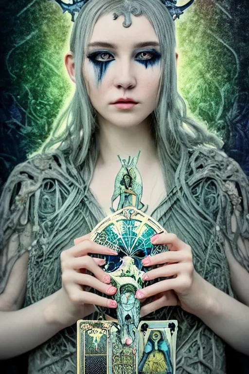 Image similar to Cinestill 50d, 8K, highly detailed, major arcana H.R Giger art nouveau nightmare Agnieszka Lorek tarot star card style 3/4 extreme closeup portrait, eye contact, focus on model, tilt shift background: famous major arcana tarot remake, transformation scene