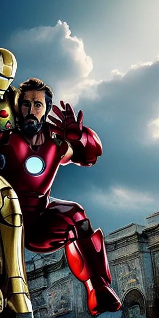 Image similar to full shot photograph of jesus christ being carried by iron man on doomsday, photorealistic, cinematic lighting, extremely detailed