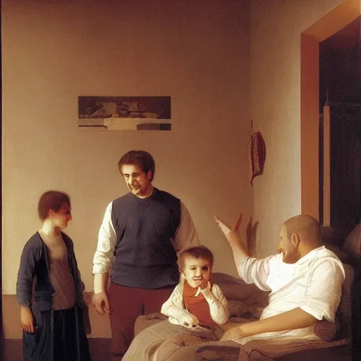 Image similar to a male patient at home with his wife and son standing by. happy, cheerful, smiling, intricate, face enhance, sharp focus, cinematic lighting, sharp focus, featured in artistation, 8 k, art by greg rutkowski, william adolphe bouguereau