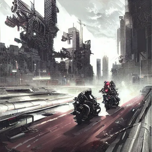 Image similar to Katsuhiro otomos akira, Dark cityscapes and futuristic motorcycles, Manga and anime, sinister by Greg Rutkowski