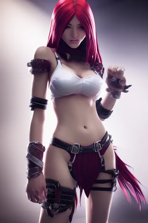 Prompt: Katarina from League of Legends, photorealistic full body, studio lighting, white ambient background, unreal engine 2, hyperrealistic, highly detailed, realistic
