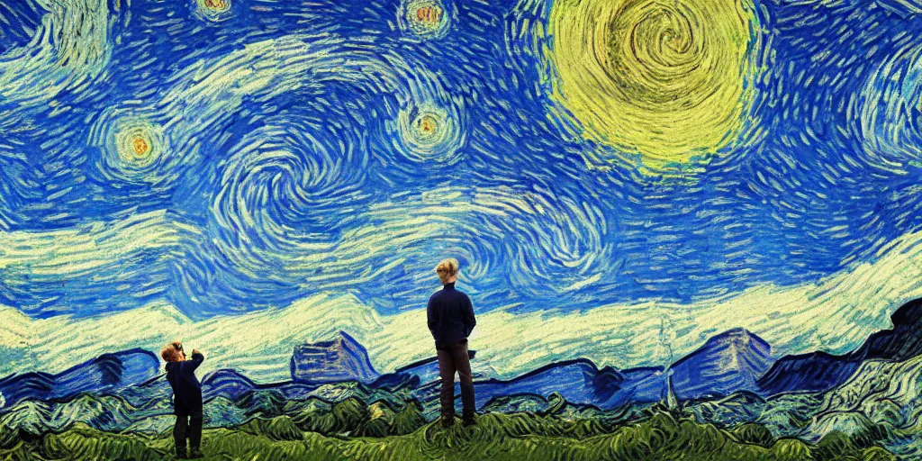 Image similar to landscape, mountain ranges, sky, style of Van Gogh starry night, atmospheric, cinematic, photographic, photoreal, digital art, small man center standing on mountain, valley mist