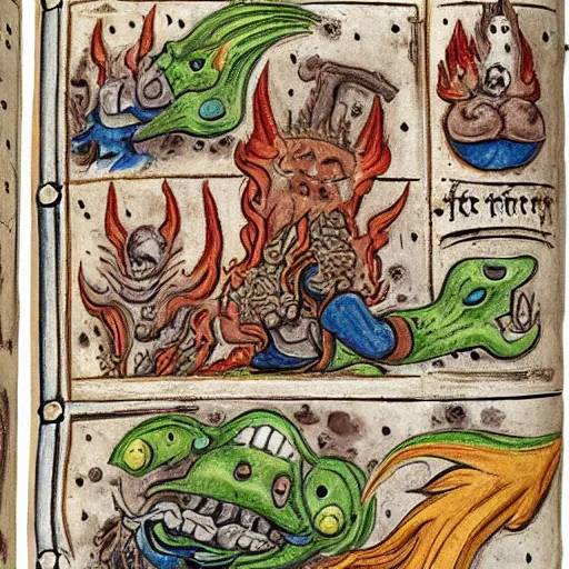 Prompt: medieval bestiary of repressed emotion monsters and creatures starting a fiery revolution in the psyche, in the style of an alchemical manuscript