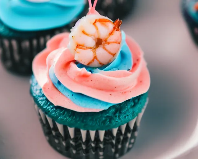 Prompt: dslr food photograph of a cupcake with blue frosting and a shrimp on top, close up, 5 0 mm f 1. 4