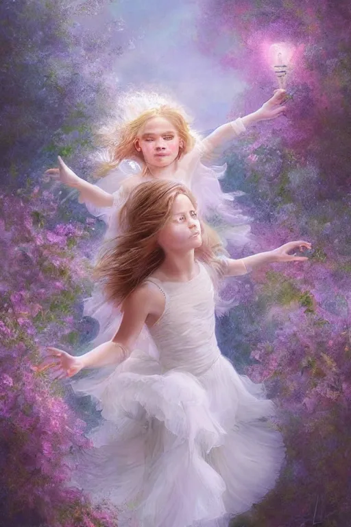 Prompt: very beautiful little girl dancing in the wind, beautiful face, ultradetailed, ethereal, flowers, beautiful wedding dress, gorgeous, volumetric lighting, elegant, digital painting, concept art, illustration, limited color palette, atmosphere and tension, art by greg olsen and liz lemon swindle