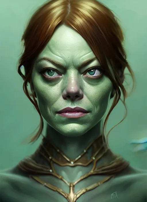 Prompt: portrait of emma stone as a goblin, d & d, muscular! green, fantasy, intricate, elegant, highly detailed, digital painting, artstation, concept art, smooth, sharp focus, illustration, art by artgerm and greg rutkowski and alphonse mucha