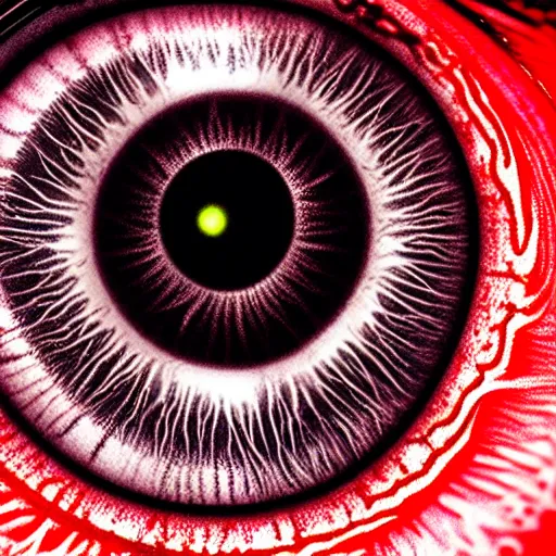 Image similar to a detailed extremely close up of inside the iris, cornea, red image, microscopic, extremely close up drawing by junji ito, cgsociety, generative art, lovecraftian, parallax, cosmic horror, extremely detailed, hyperrealism, unreal engine, octane render, award winning, masterpiece, highly detailed, realistic, 4 k, digital