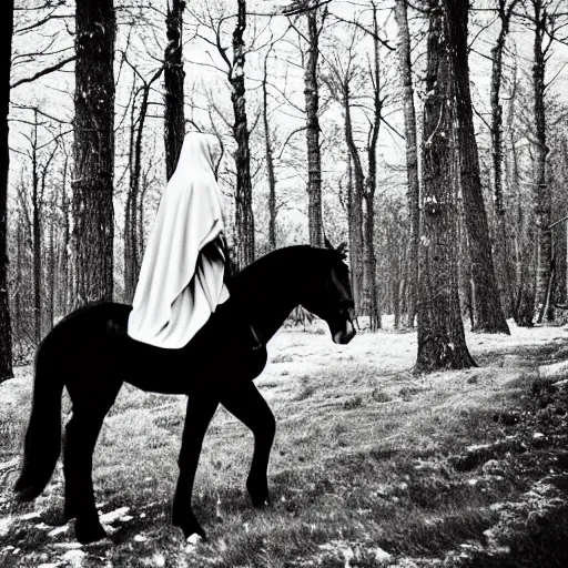 Prompt: Medieval princess in vintage cloak cape riding a black wild horse in distance. Background green trees spruce forest, spring winter nature melted snow , Kodak TRI-X 400, melancholic