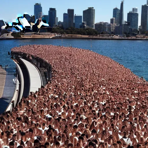 Image similar to spencer tunick photograph of large group of blobfish on the sydney opera house foreshore