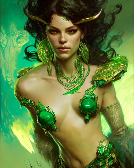 Prompt: emerald enchantress, fantasy character portrait, ultra realistic, concept art, intricate details, highly detailed by greg rutkowski, gaston bussiere, craig mullins, simon bisley, alphonso mucha