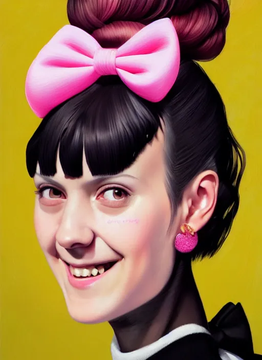 Image similar to portrait of high school girl, realistic, black hair, bangs, half updo hairstyle, pointy nose, skinny, smile, ugly, defined jawline, big chin, pink hair bow, earrings, intricate, elegant, glowing lights, highly detailed, digital painting, artstation, sharp focus, illustration, art by wlop, mars ravelo and greg rutkowski