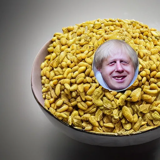 Prompt: boris johnson baked into a bowl of beans