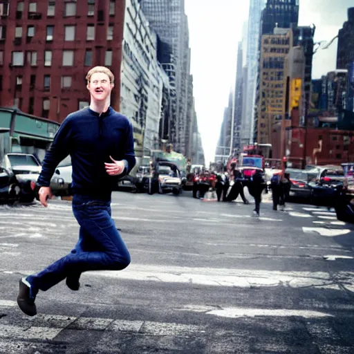 Prompt: Mark Zuckerberg running away from a mega tsunami in New York City, dslr photo, background blur