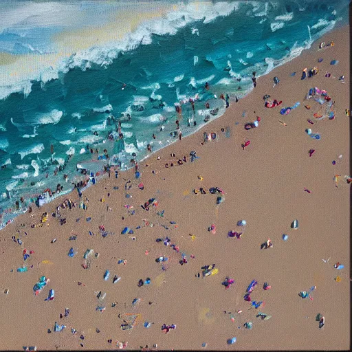 Image similar to a birdseye painting by Sally West of sparse people on a beach from high above, featured on tumblr, action painting, oil on canvas, painterly