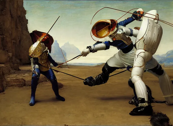 Image similar to a fencing match on the moon by edgar maxence and caravaggio and michael whelan and delacroix style, artistic, intricate painting, cinematic lighting, hyper realistic, extremely detailed, establishing shot, 8 k resolution, dramatic lighting