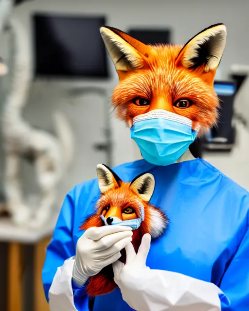 Image similar to photorealistic photo of anthropomorphic female fox animal dressed in labcoat, surgical mask covering mouth, putting on surgical gloves, fox animal, hospital in background, oil painting, 8 5 mm f / 1. 4