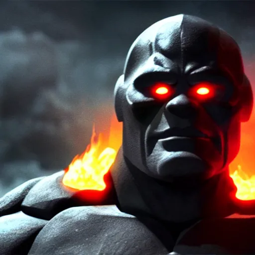 Image similar to darkseid in a dark suit with glowing eyes standing in front of a fire, a photocopy by zack snyder, cgsociety, antipodeans, # vfxfriday, reimagined by industrial light and magic, movie still