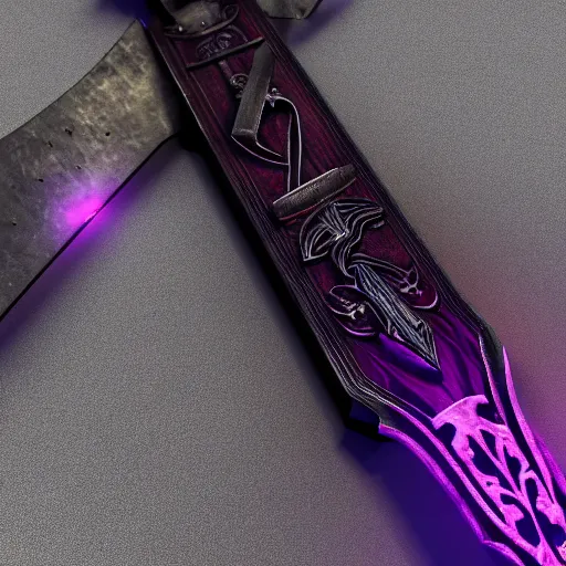 Image similar to european broad sword, narrow blade, vertical running runes on the blade, inscriptions on the blade, highly detailed, 4 k, 8 k, intrinsic design, light purple aura, cinematic lighting, dark grey tint metal, octane render, artstation