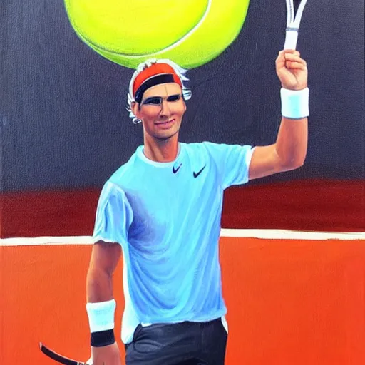 Image similar to a painting on a stand of tennis player nadal