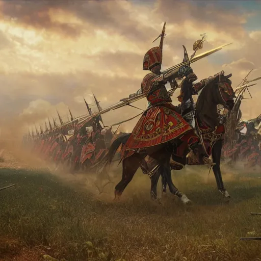 Prompt: an extremely detailed matte painting the winged hussars charging ottoman artillery, heroic charge, epic fantasy, viewed in profile from very far away, sharp focus, detailed face, art by greg rutkowski and alphonse mucha, volumetric lighting, 4 k resolution, artstation
