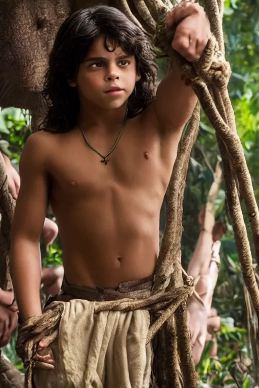 Image similar to young jake t. austin plays mowgli in the live action adaptation of the jungle book, 3 5 mm photography, highly detailed, cinematic lighting, 4 k