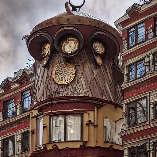 Prompt: Steampunk panel house, Moscow, Russia