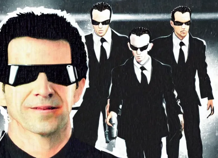 Image similar to portrait of tommy tallarico dressed as agent smith from the matrix surrounded by multiple tommy tallarico dressed as agent smith from the matrix with matrix filter