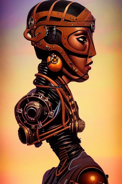 Prompt: sideview face portrait of a steampunk desert empress. by vincent di fate, james jean, dom qwek. inspired by igor goryunov andrei riabovitchev. art by paul lewin. madmax aesthetics. atmospherical, photorealistic retrofuturist concept art, trending on art station, cinematic, ultra detailed