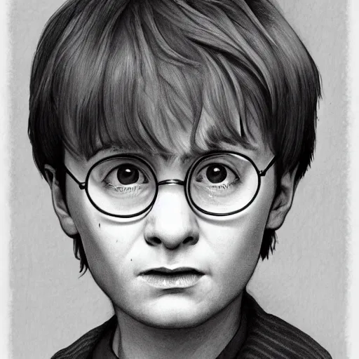 Prompt: a close up portrait of harry potter as a child, visible scar, focused gaze, art station, highly detailed, concept art, sharp focus, illustration in pen and ink, wide angle, by kentaro miura