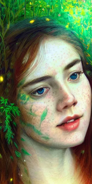 Prompt: infp young woman, smiling, amazed by golden fireflies lights, sitting in the midst of nature fully covered, long loose red hair, intricate linework, green eyes, small nose with freckles, oval shape face, realistic, expressive emotions, dramatic lights, hyper realistic ultrafine art by artemisia gentileschi, albert bierstadt, artgerm