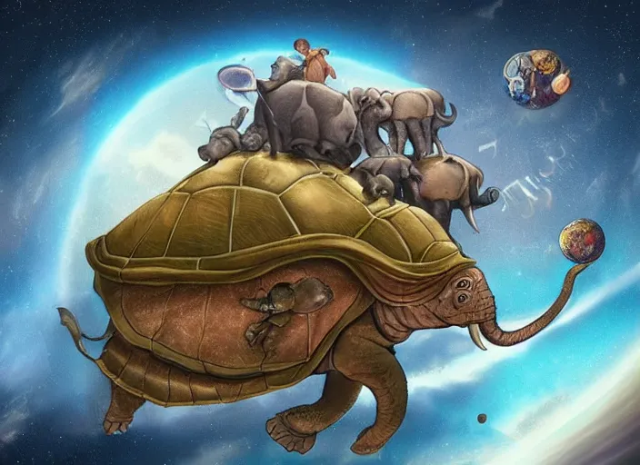 Image similar to discworld, flat earth on top of 4 elephants on top of a giant cosmic turtle flying through space, digital art, artstation, detailed