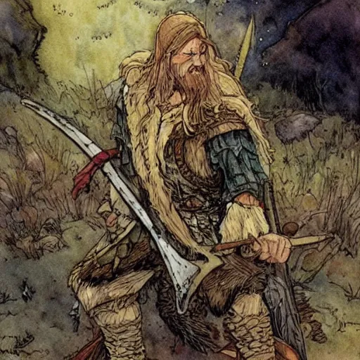 Image similar to a realistic and atmospheric watercolour fantasy concept art of viking with an axe, muted colors. by rebecca guay, michael kaluta, charles vess and jean moebius giraud,