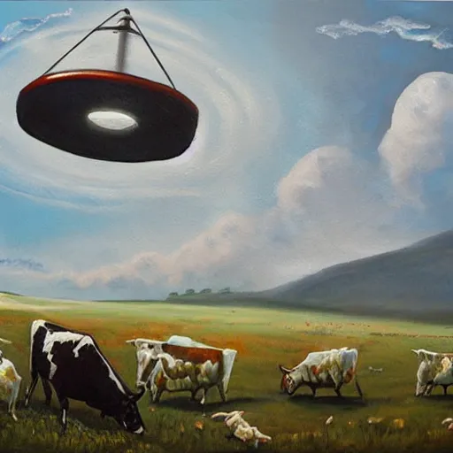 Prompt: a ufo stealing cows, painting