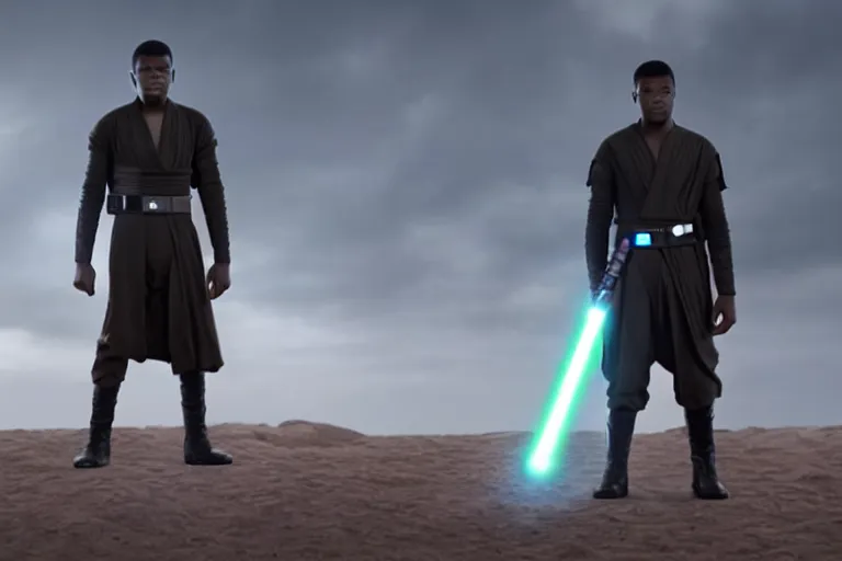 Image similar to Star Wars, full body, Finn played by John Boyega standing alone wearing jedi robes holding a lightsaber in heroic pose, ultra realistic, 4K, movie still, UHD, sharp, detailed, cinematic, render, Wide shot