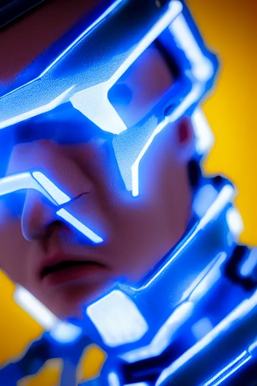 Image similar to hyperrealistic close-up blue glow exoskeleton!! sad chinese man covered highly detailed concept art eric zener elson peter cinematic side soft yellow light high angle hd 8k sharp shallow depth of field