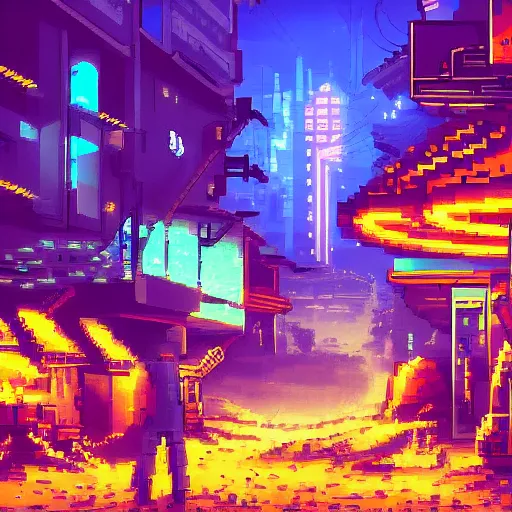 Image similar to fantastic lighting, pixel art, high detail , 16 bits, cyberpunk market, 2d