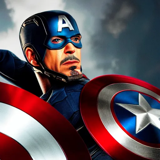 Image similar to Robert Downey Jr as captain america, 8k ultra hd, hyper detailed