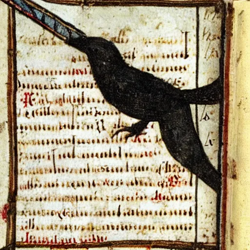 Image similar to bad drawed mix between a crow and a mage king in a medieval manuscript, medieval manuscript, golden miniatures