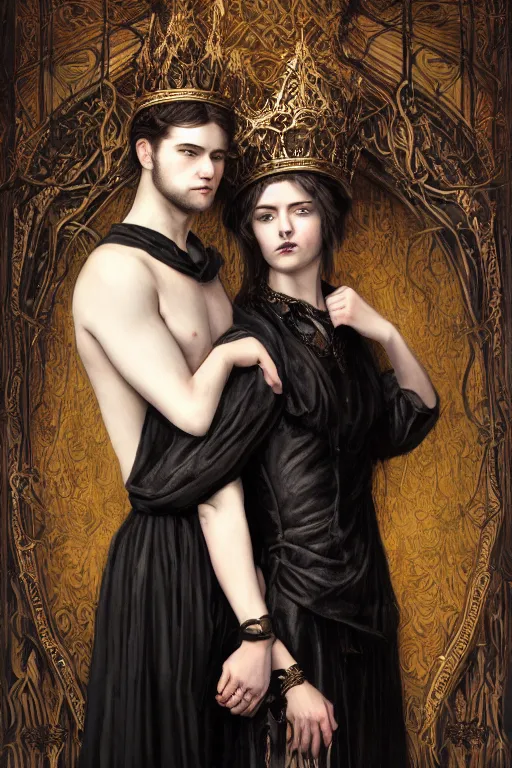 Image similar to a portrait of handsome young male nordic Satan wearing a crown and his elegant beautiful nordic cultist wife dressed in black, bored, illustration, dramatic lighting, soft details, painting oil on canvas, art nouveau, octane render, HDR, 4k, 8k, HD, by Edmund Blair Leighton, Brom, Charlie Bowater, trending on artstation, faces by Tom Bagshaw, Sargent