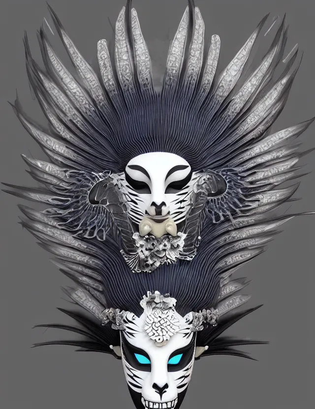 Prompt: 3 d goddess close - up profile portrait punk with mohawk with ram skull. beautiful intricately detailed japanese crow kitsune mask and clasical japanese kimono. betta fish, jellyfish phoenix, bio luminescent, plasma, ice, water, wind, creature