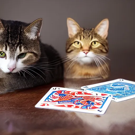 Prompt: studio photo of two cats playing cards