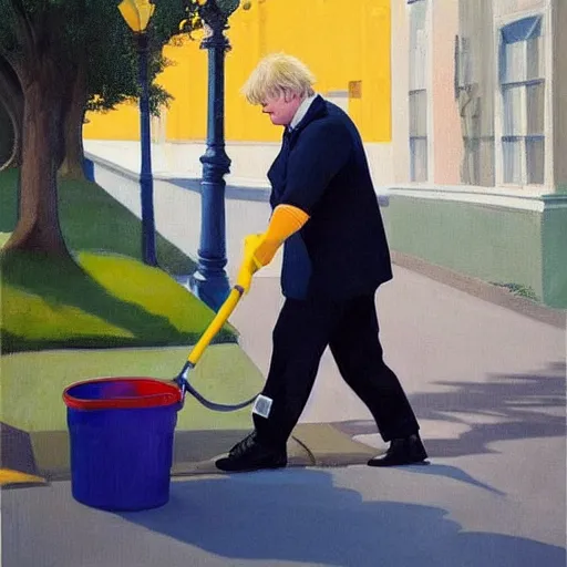 Prompt: A fine art painting of Boris Johnson doing community service in a high vis vest, he is picking litter on a British street. In the style of Edward Hopper and Wes Anderson