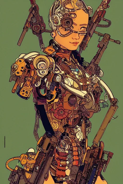 Prompt: beautiful cyborg police portrait girl female illustration detailed patterns art of thai traditional dress, pop art, splash painting, art by geof darrow, ashley wood, alphonse mucha, makoto shinkai