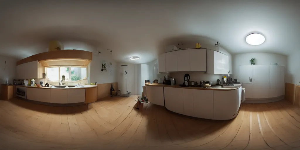 Image similar to minimalistic kitchen dim lit by a candle simon stalenhag, fisheye camera, extreme perspective