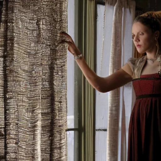 Prompt: scene from a 2 0 1 0 film set in 1 1 0 0 showing a woman standing next to a window