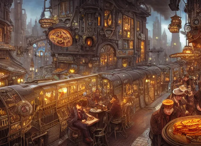 Image similar to an intricately detailed digital illustration of a steampunk metropolitan city - scape inside of a steampunk double bacon cheeseburger, ultra realistic, concept art, intricate details, eerie, highly detailed, photorealistic, octane render, 8 k, unreal engine. art by artgerm and greg rutkowski and charlie bowater and magali villeneuve and alphonse mucha