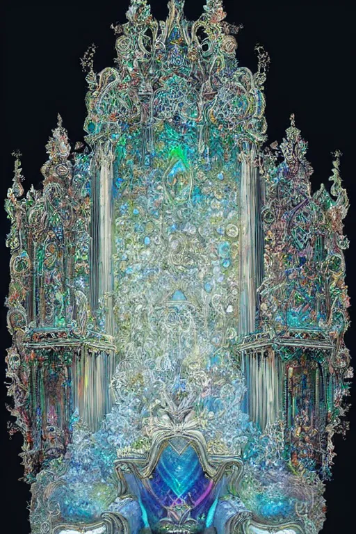 Prompt: highly detailed, intricate beautifully stunning picture of a beautiful ornate ethereal iridescent crystal throne, by disney, andrei riabovitchev, and peter mohrbacher